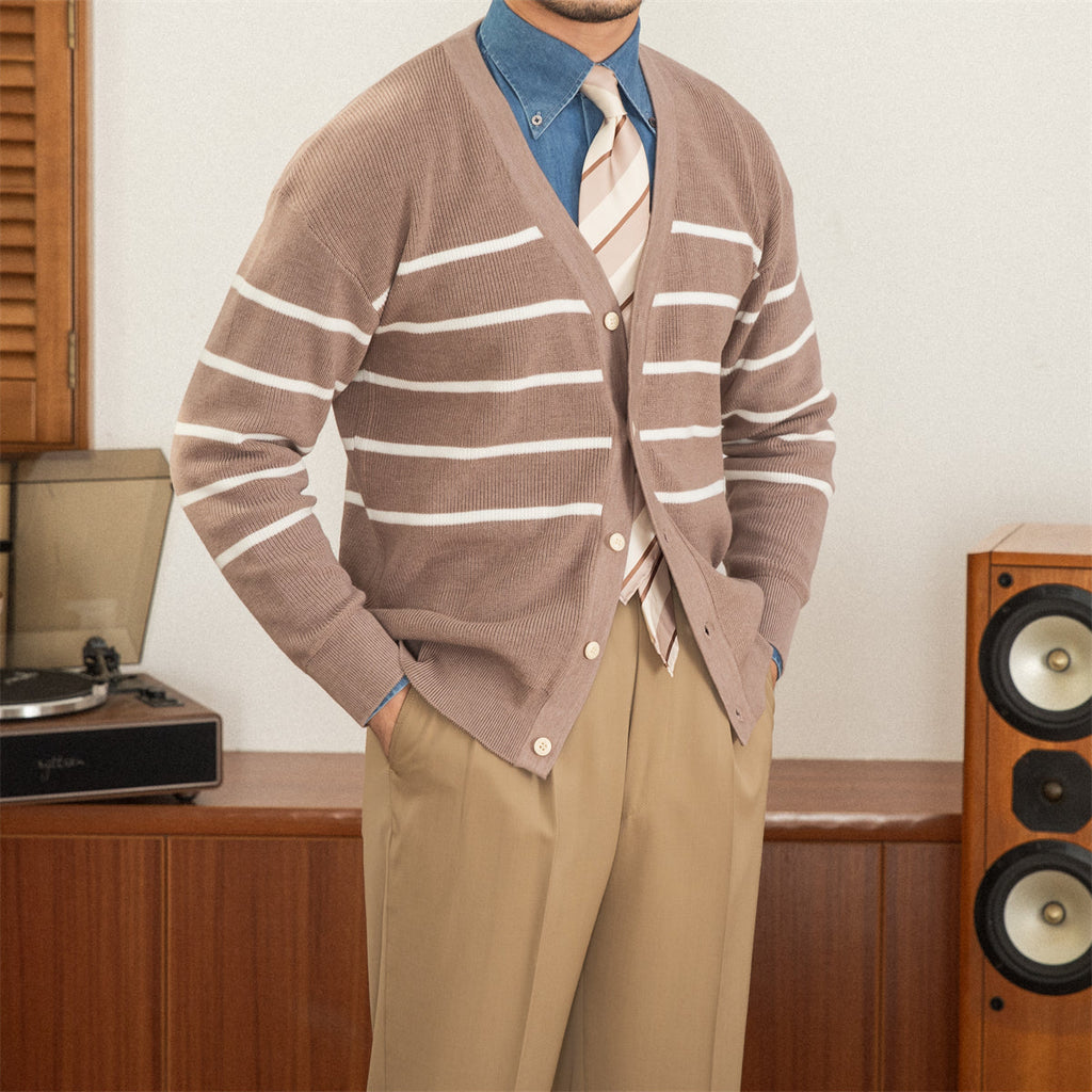 Casual Versatile V-neck Striped Knitted Cardigan sweater