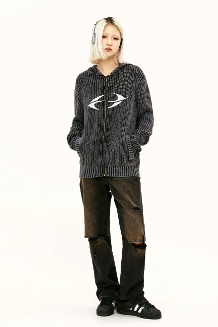 American Street Washed Distressed Printed Long-sleeved Hooded Sweater For Men And Women
