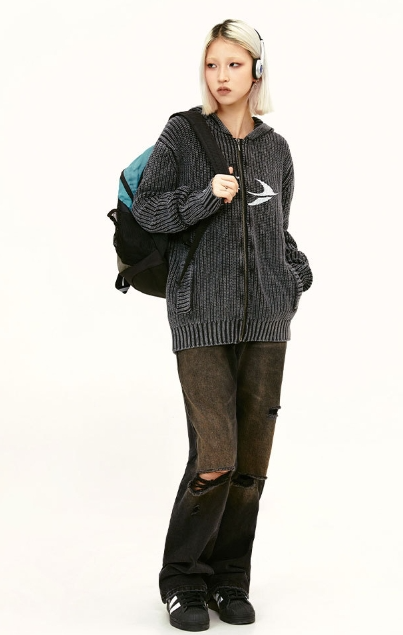 American Street Washed Distressed Printed Long-sleeved Hooded Sweater For Men And Women