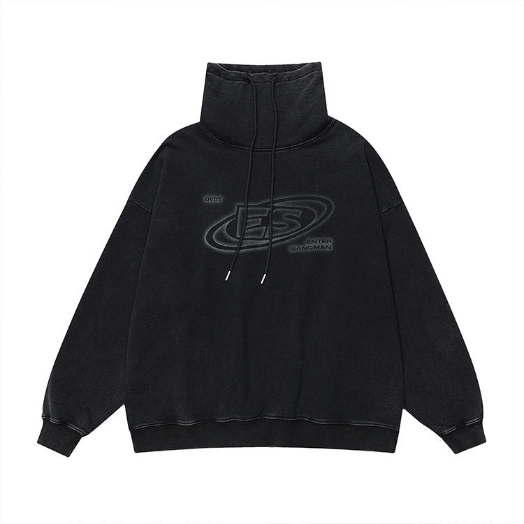 Washed Turtleneck Print Loose Retro Letter Terry Sweater
