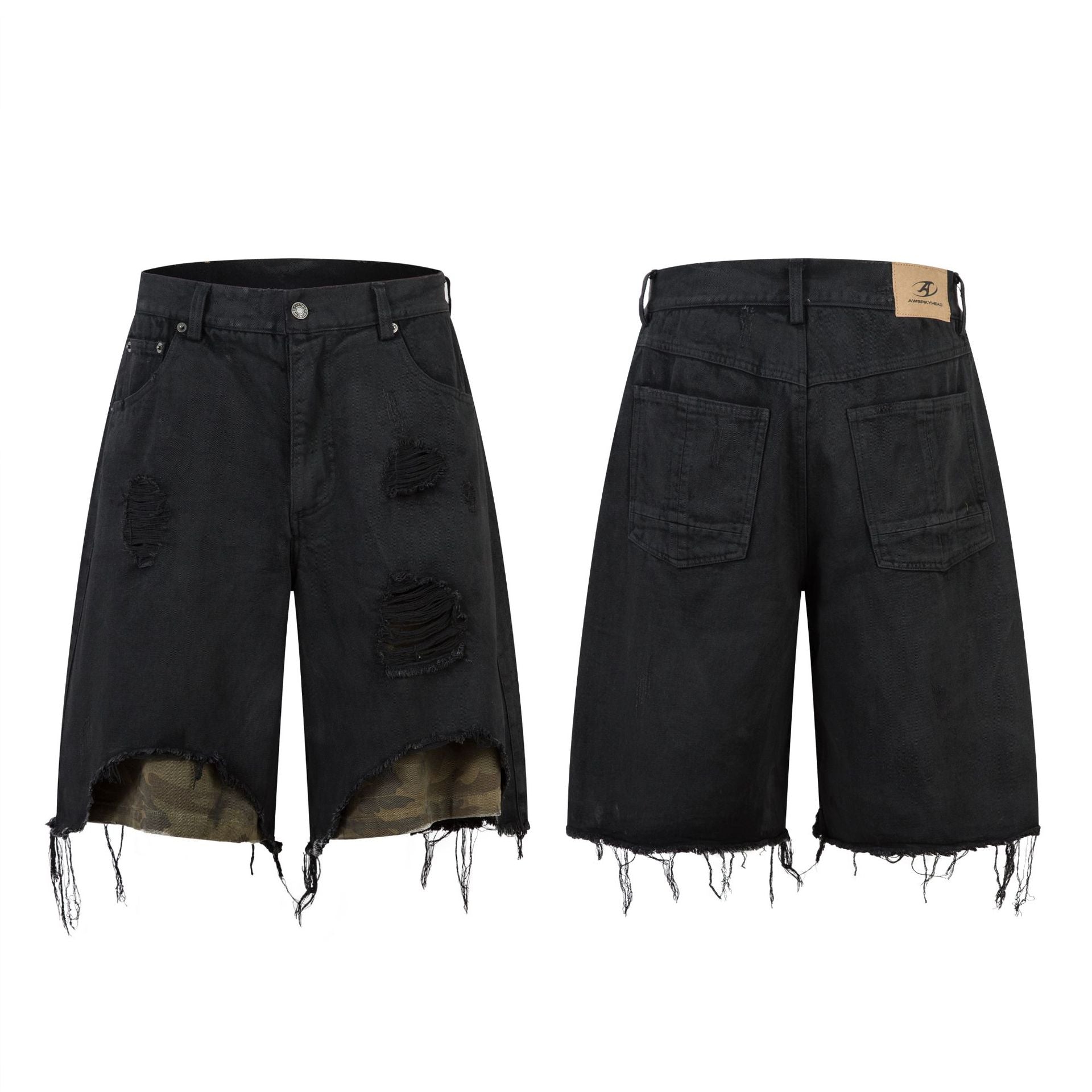 High-grade RO Style Cropped Pants Men's Street Washed Broken Denim Middle Pants Straight