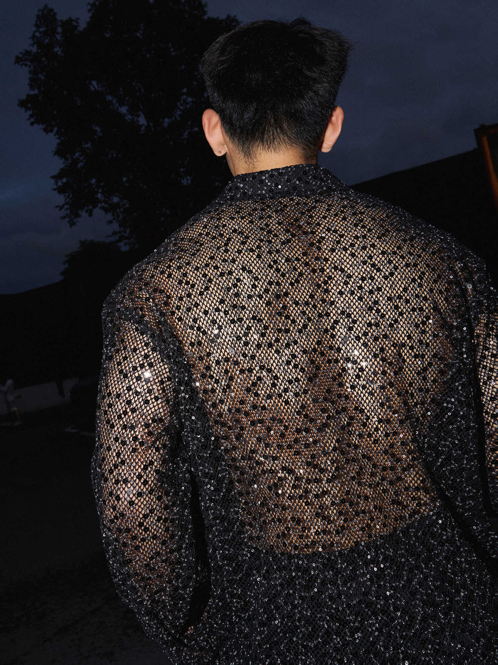 Silver Paillette Hollow-out Long-sleeved Shirt For Men