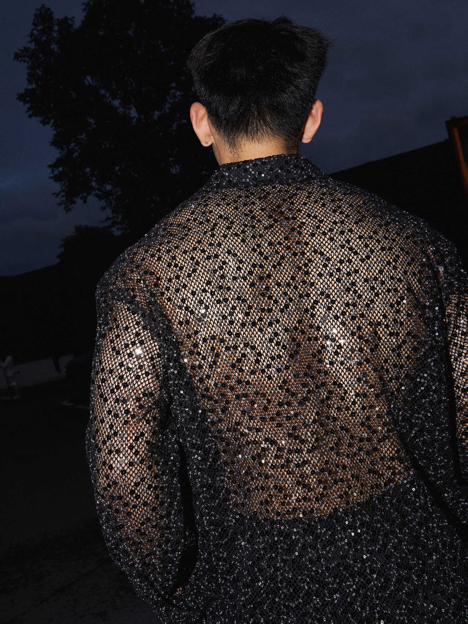 Silver Paillette Hollow-out Long-sleeved Shirt For Men