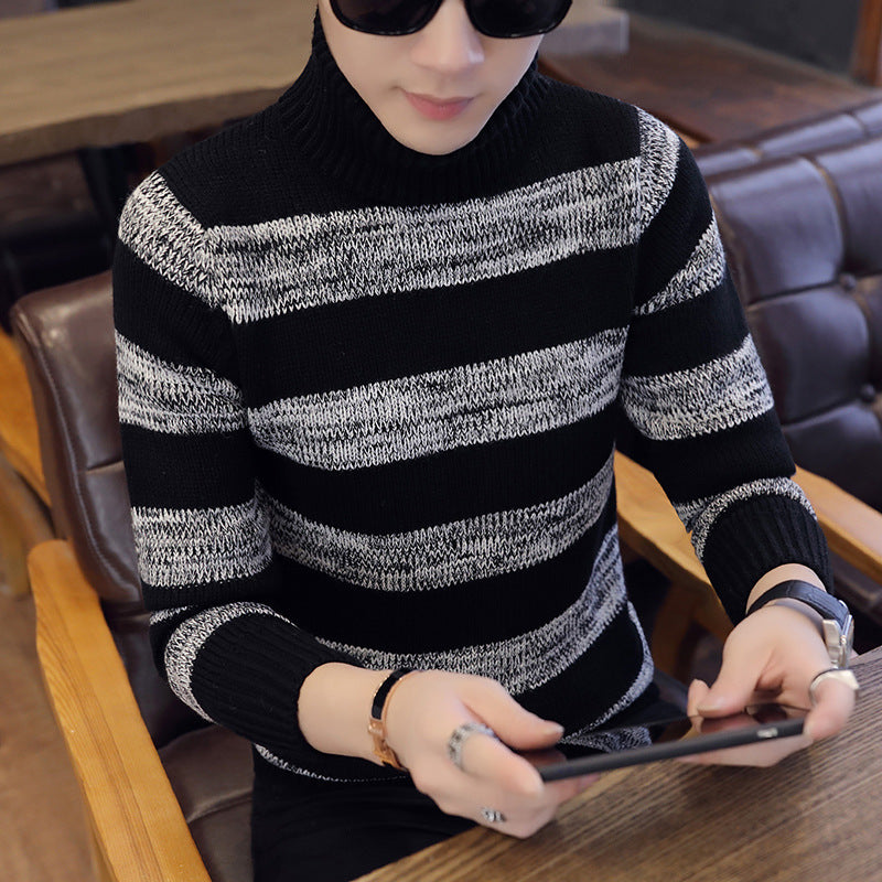 Knit Sweater Thick Warm Casual Stripes Men's Turtleneck Sweate