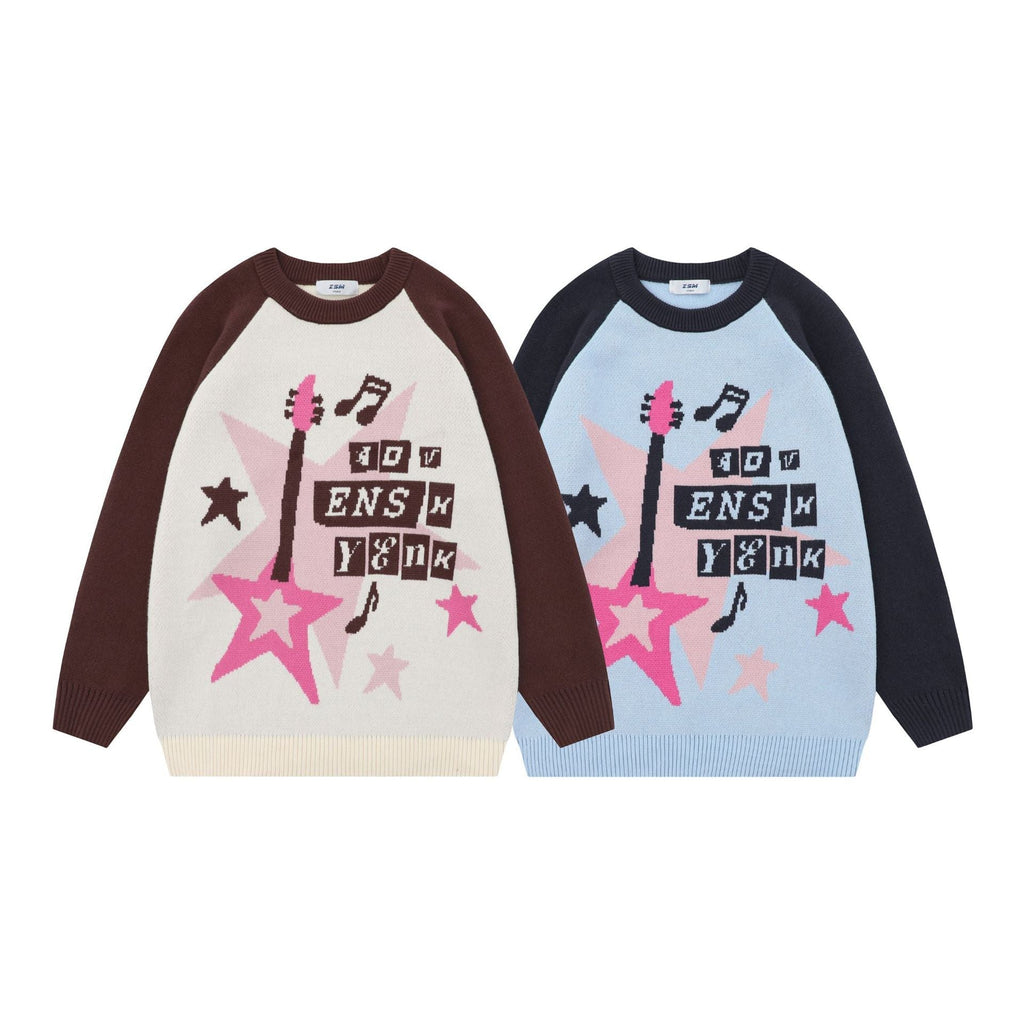 Loose Color Matching Jacquard Round Neck Knitted Sweater