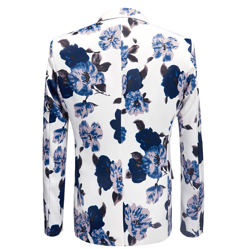 Printed Men's Suit Set Blue Flower Performing Costumes
