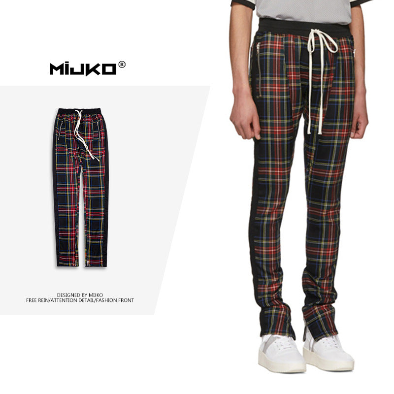 Men's and women's autumn and winter new plaid bar stitching zipper pants Biebi same paragraph casual pants