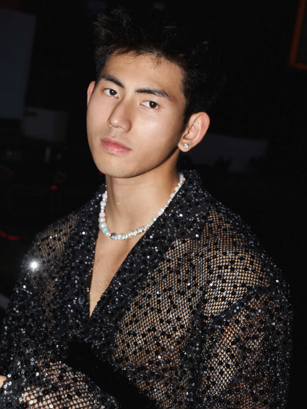 Silver Paillette Hollow-out Long-sleeved Shirt For Men