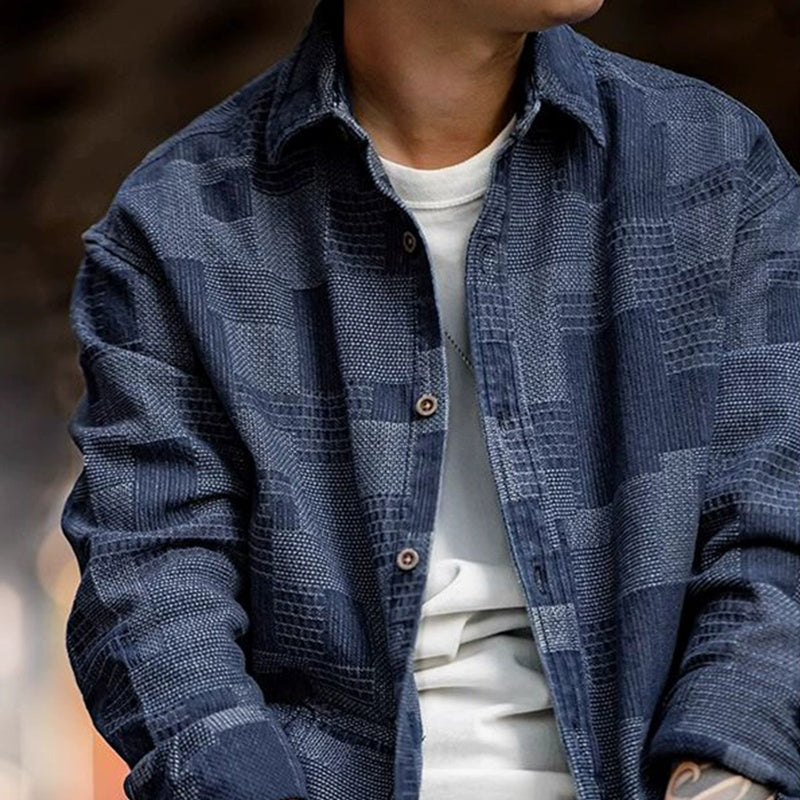Denim Shirt Plaid Stitching Casual Long Sleeve Shirt