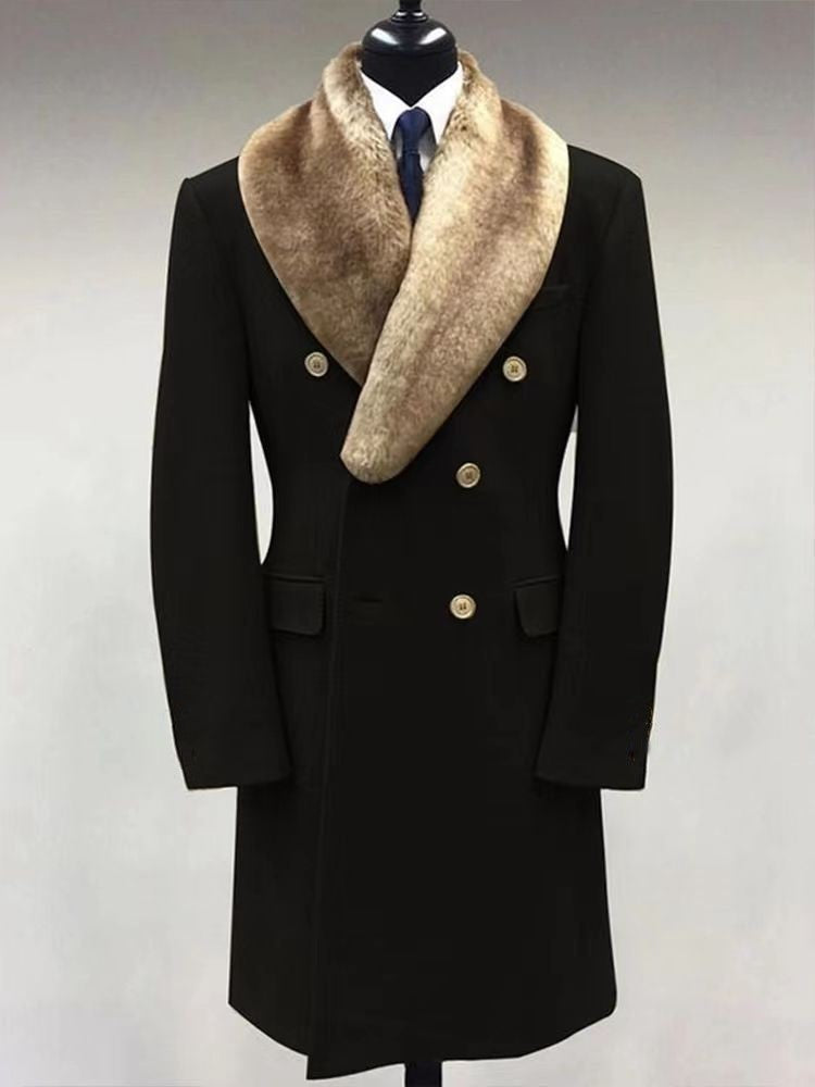 Men Woolen Polo Collar Solid Color Mid-length Pocket Casual Coat