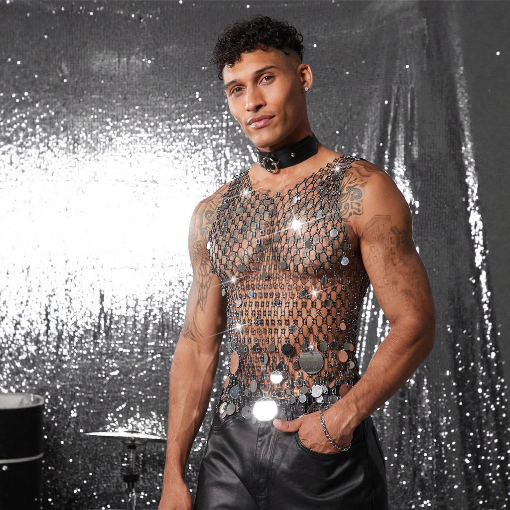 Hollow Out Sequin Mesh Outerwear Men's Top