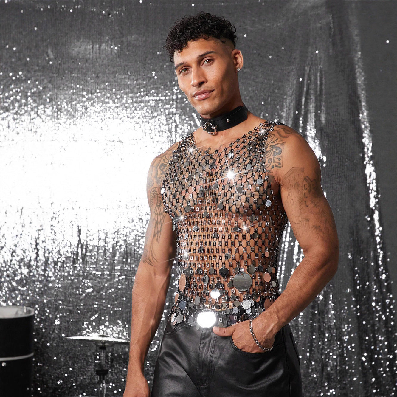 Hollow Out Sequin Mesh Outerwear Men's Top