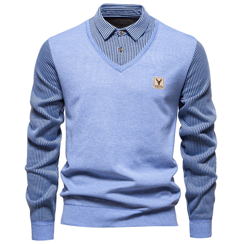 Autumn And Winter New Men's Long-sleeved Fake Two-piece Fashion Fleece-lined Striped Shirt