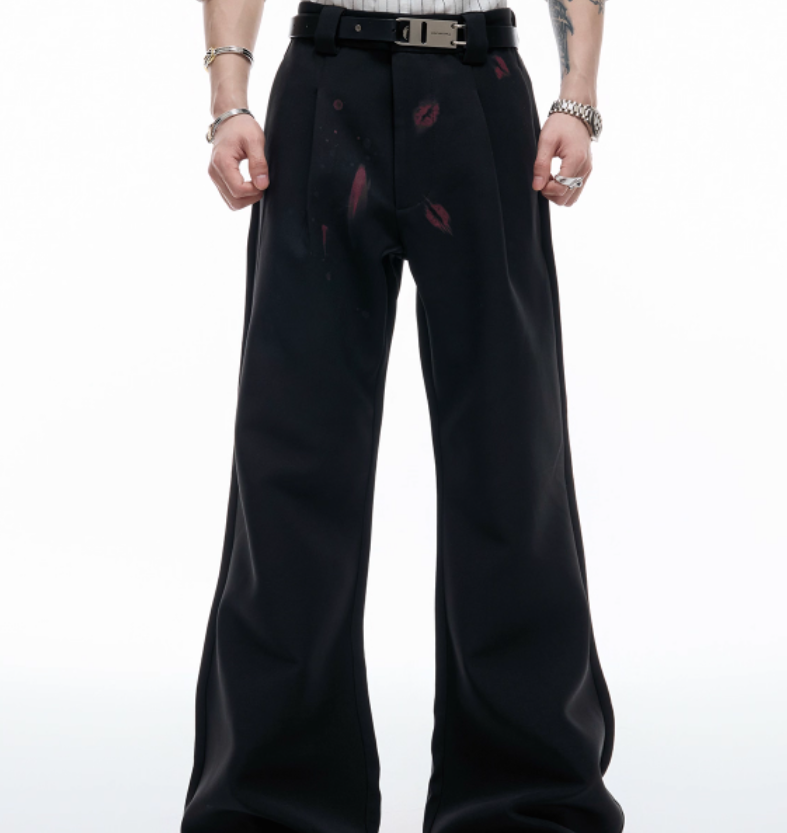 Red Lip Print Suit Pants Slightly Stretch High Draping Effect Trousers