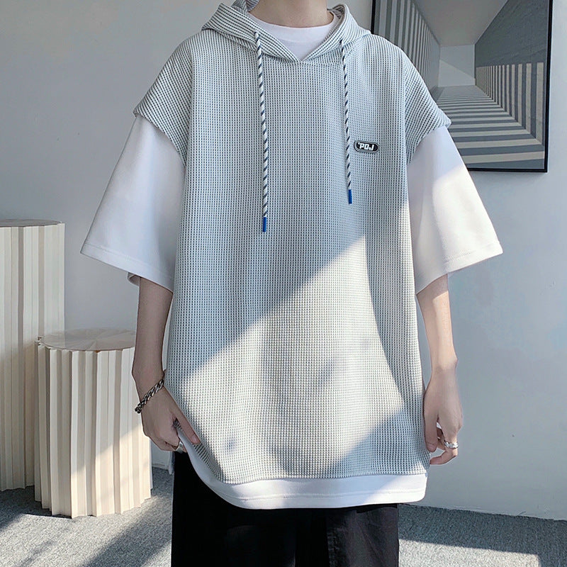 Heavy Plus Size Loose Solid Color Hooded Short Sleeve