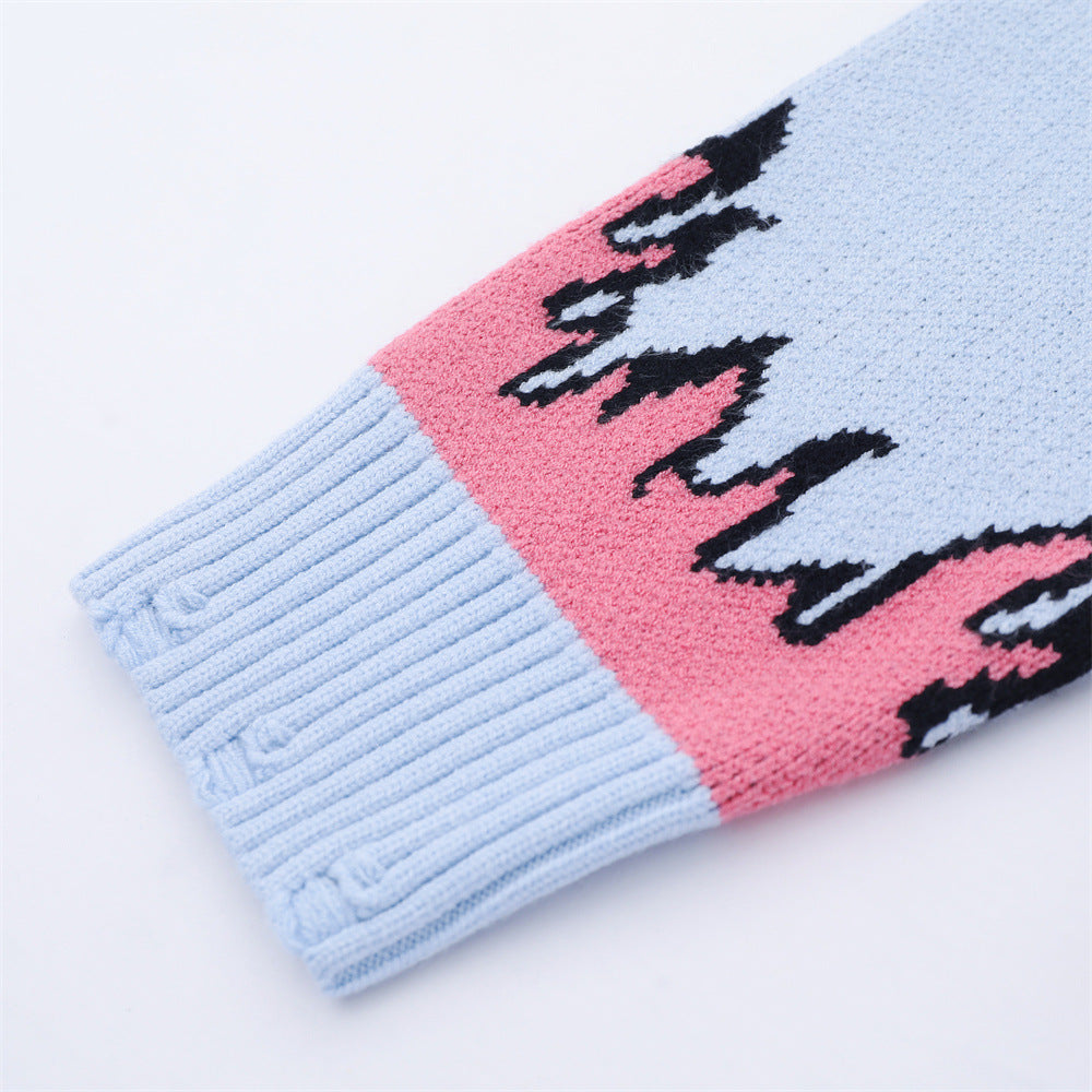 European And American Rock Anime Flame Jacquard Round Neck Sweater