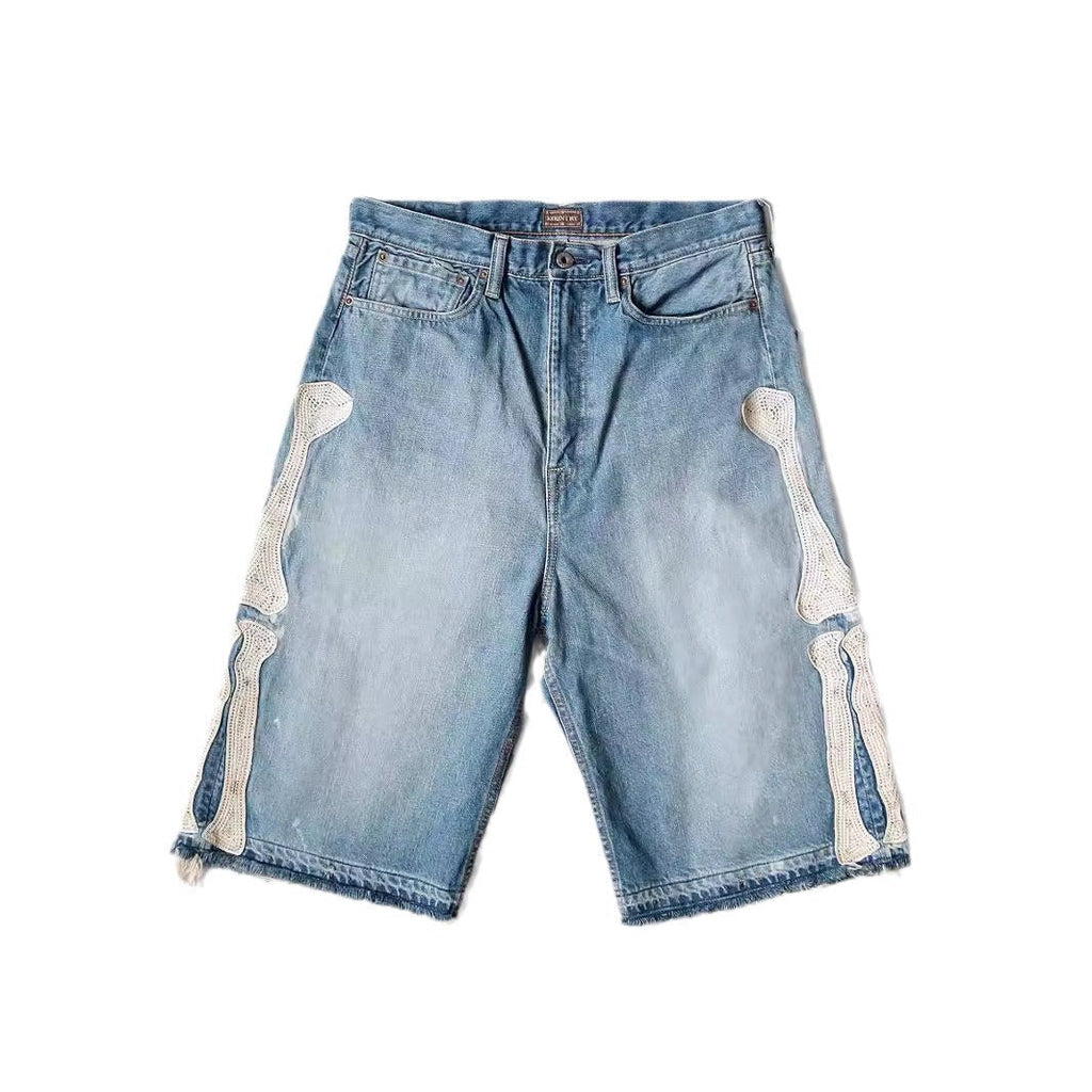 Hip Hop Embroidered Bones Casual Denim Shorts