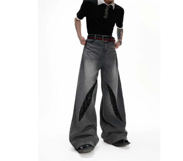 Washed Jeans Distressed Streamer Sequins Casual Straight Pants Men