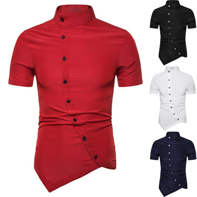 Men's Multi-button Solid Color Stand Collar Short Sleeve Shirt Summer