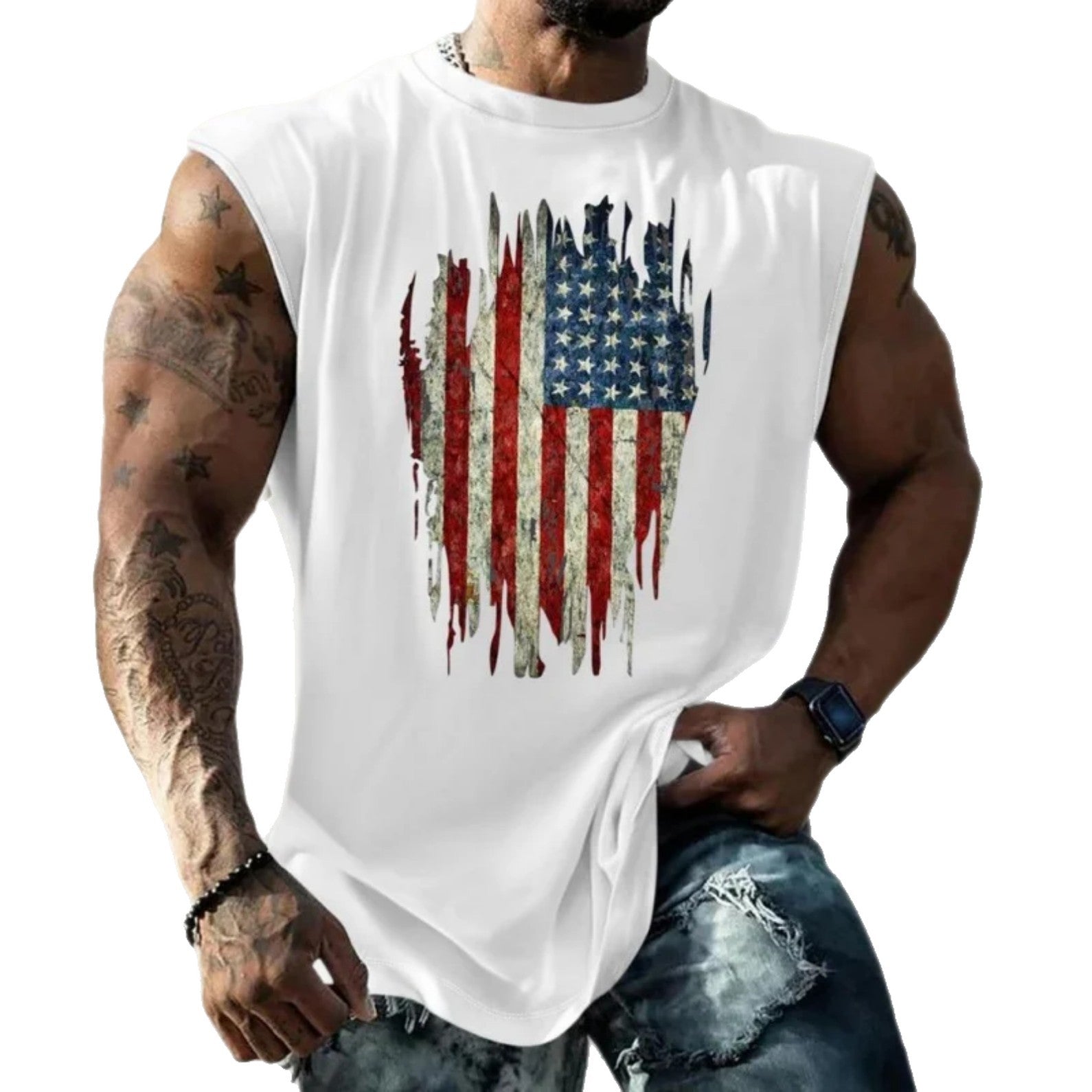 Vest American Shield Stripe Plain Pattern Men's Top