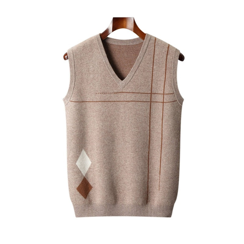 Men's Striped Pullover V-neck Knitted Sleeveless Pure Wool Top