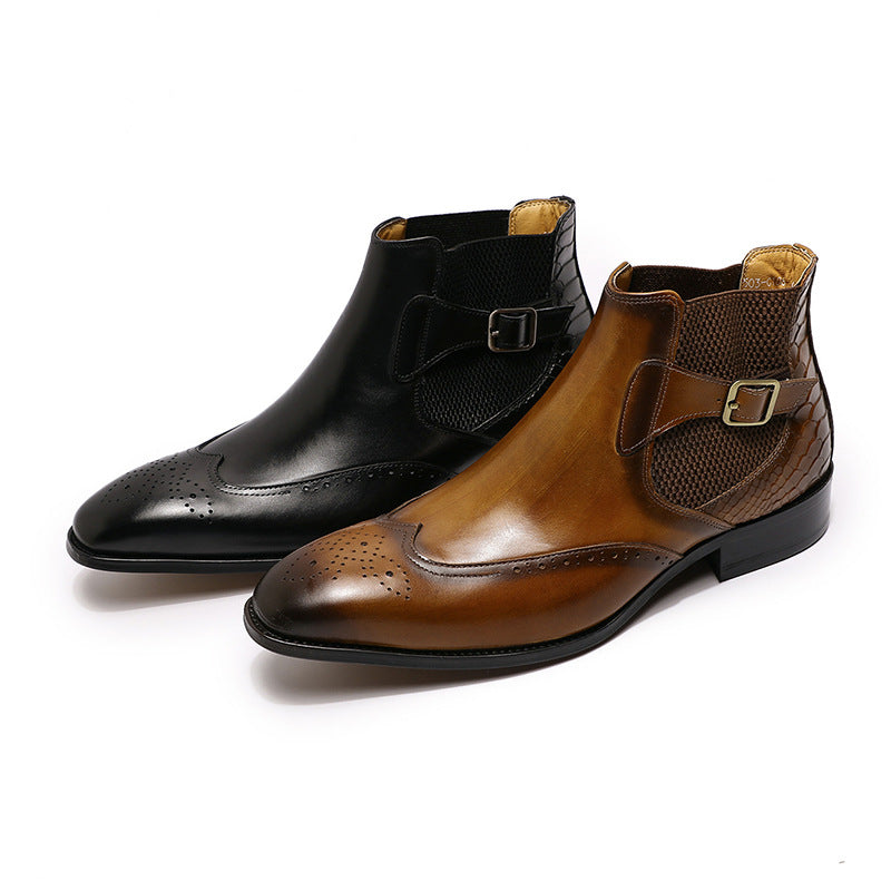 Men's Fashion High-Top Leather Boots With Carved Snakeskin Embossed