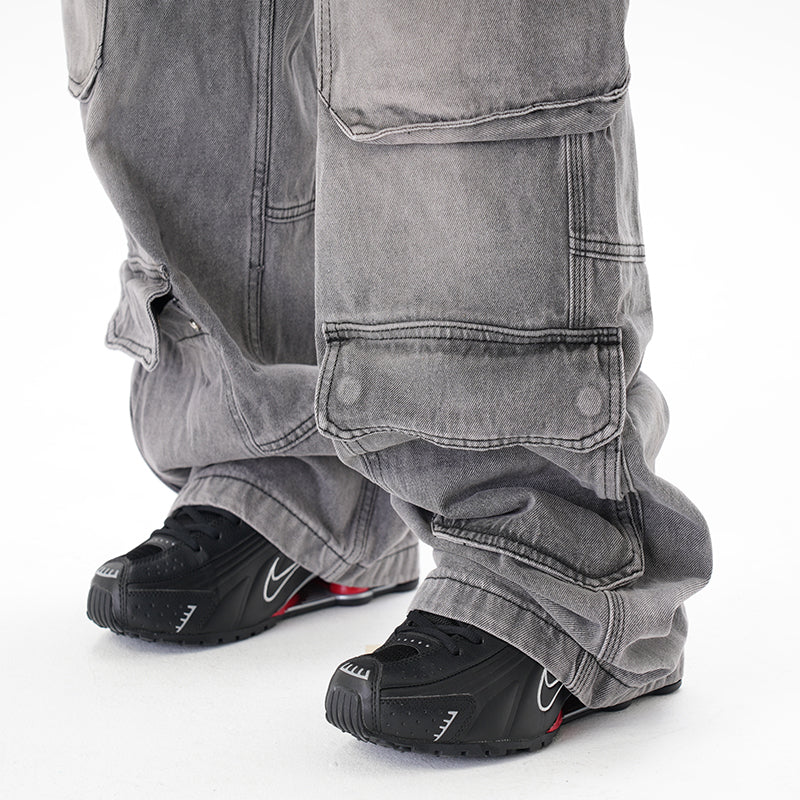 Distressed Multi-pocket Casual Loose Straight-leg Denim Overalls