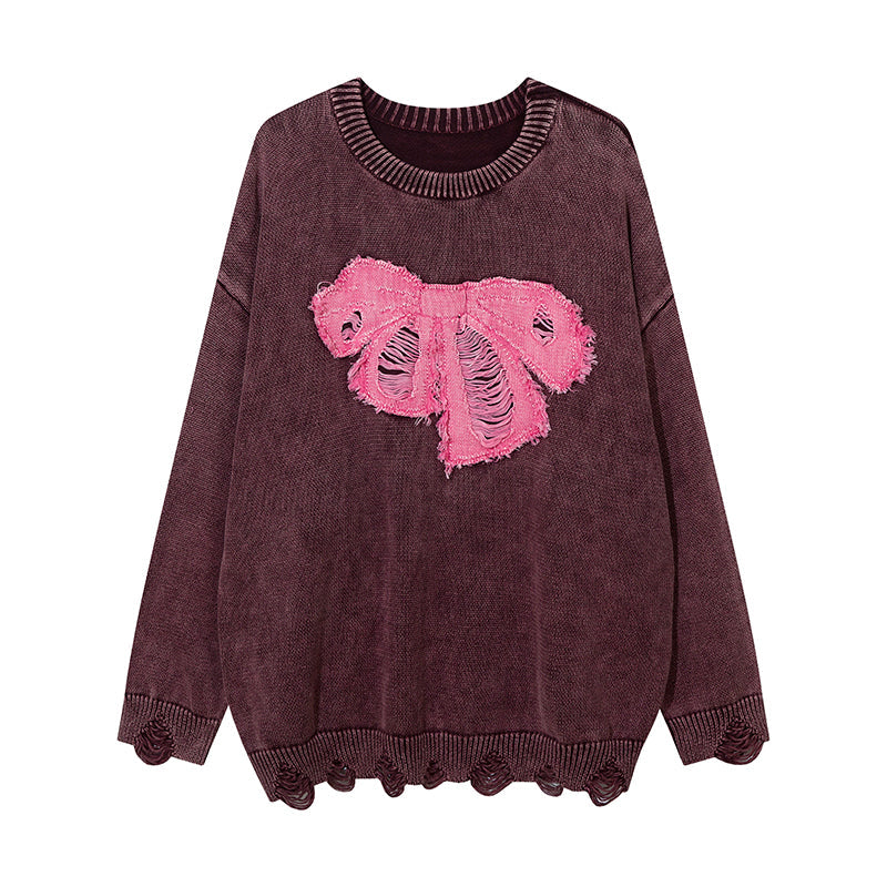 Contrast Color Paste Cloth Embroidery Bow Pullover