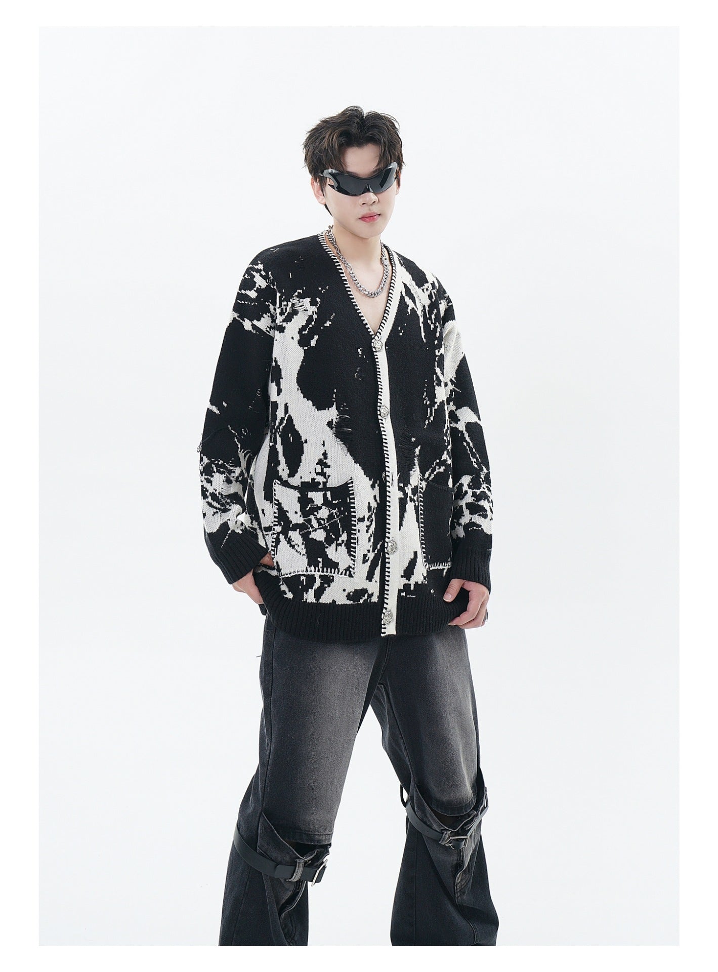 Snowflake Ripped Niche V-neck Knitted Tup Cardigan