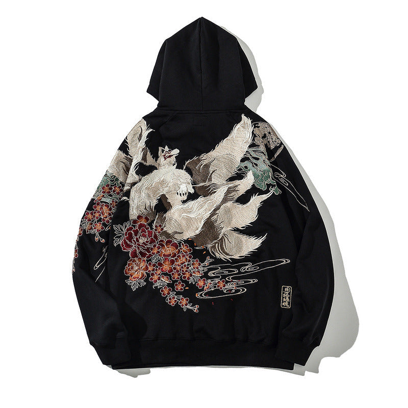 Nine Tail Fox Embroidered Hoodie Japanese Style Youth Men's Top