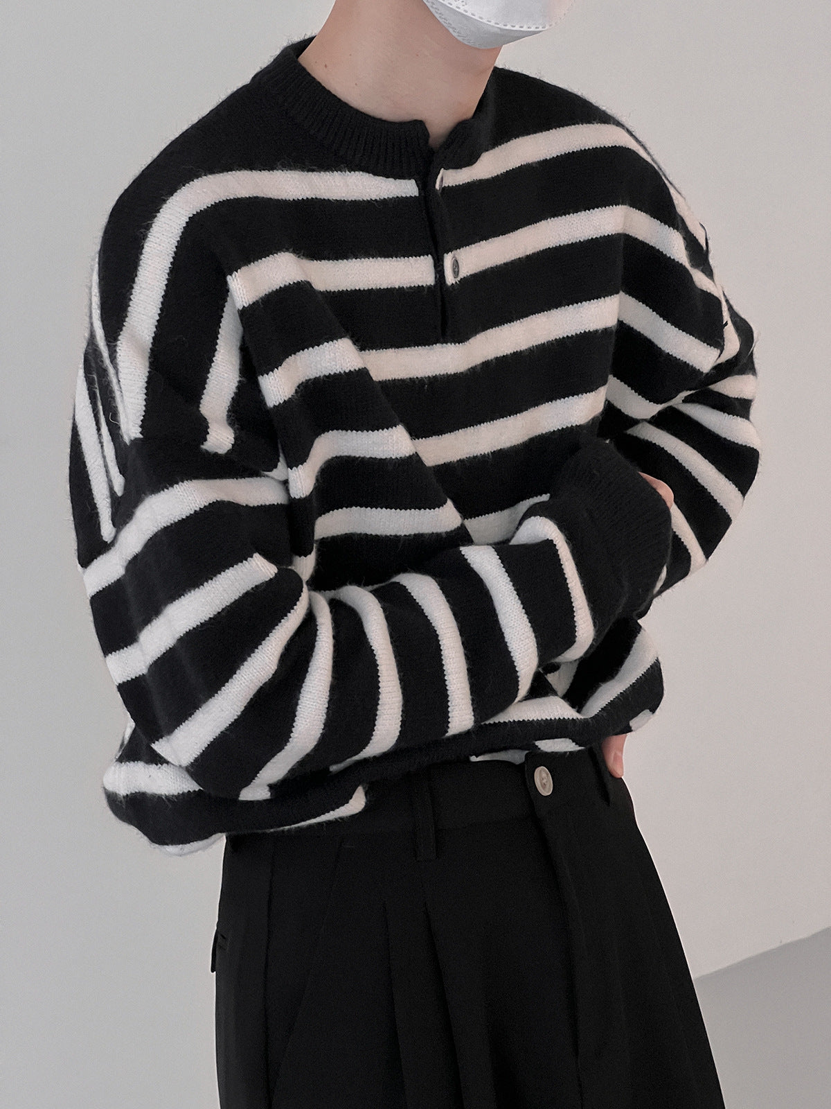Textured Striped Sweater Boys Button Round Neck Autumn Leisure Sweater