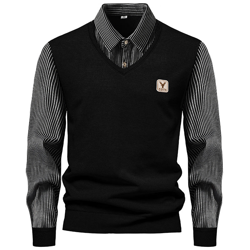 Autumn And Winter New Men's Long-sleeved Fake Two-piece Fashion Fleece-lined Striped Shirt