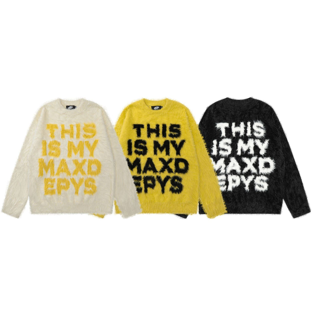 Retro Loose Letter Furry Round Neck Sweater