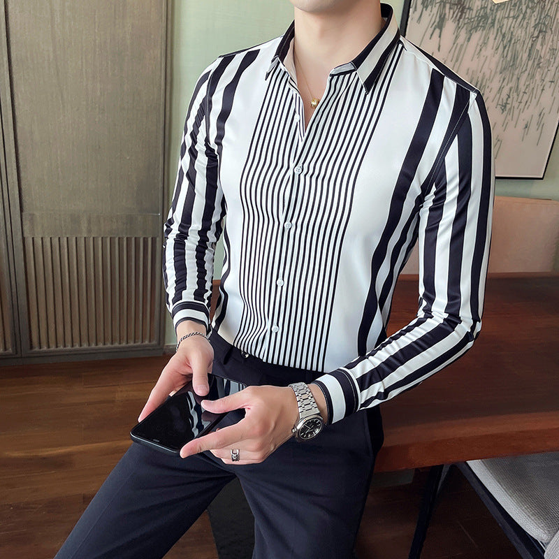Striped Pointed Collar Non-iron Shirt Long Sleeve Casual Ice Silk