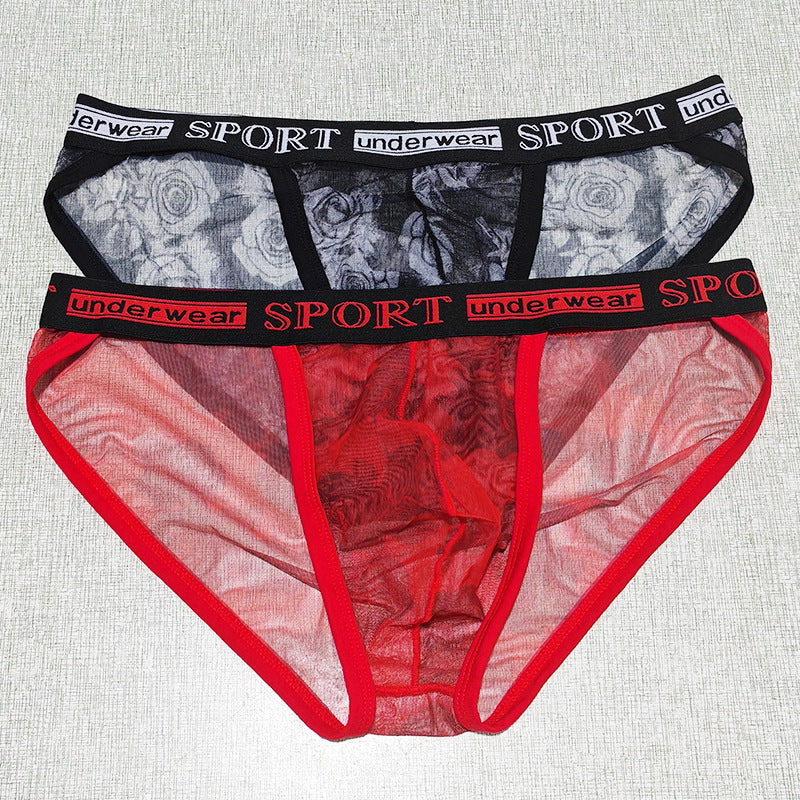 Printed Mesh Rose Men's High-slit G-string Panties See-through
