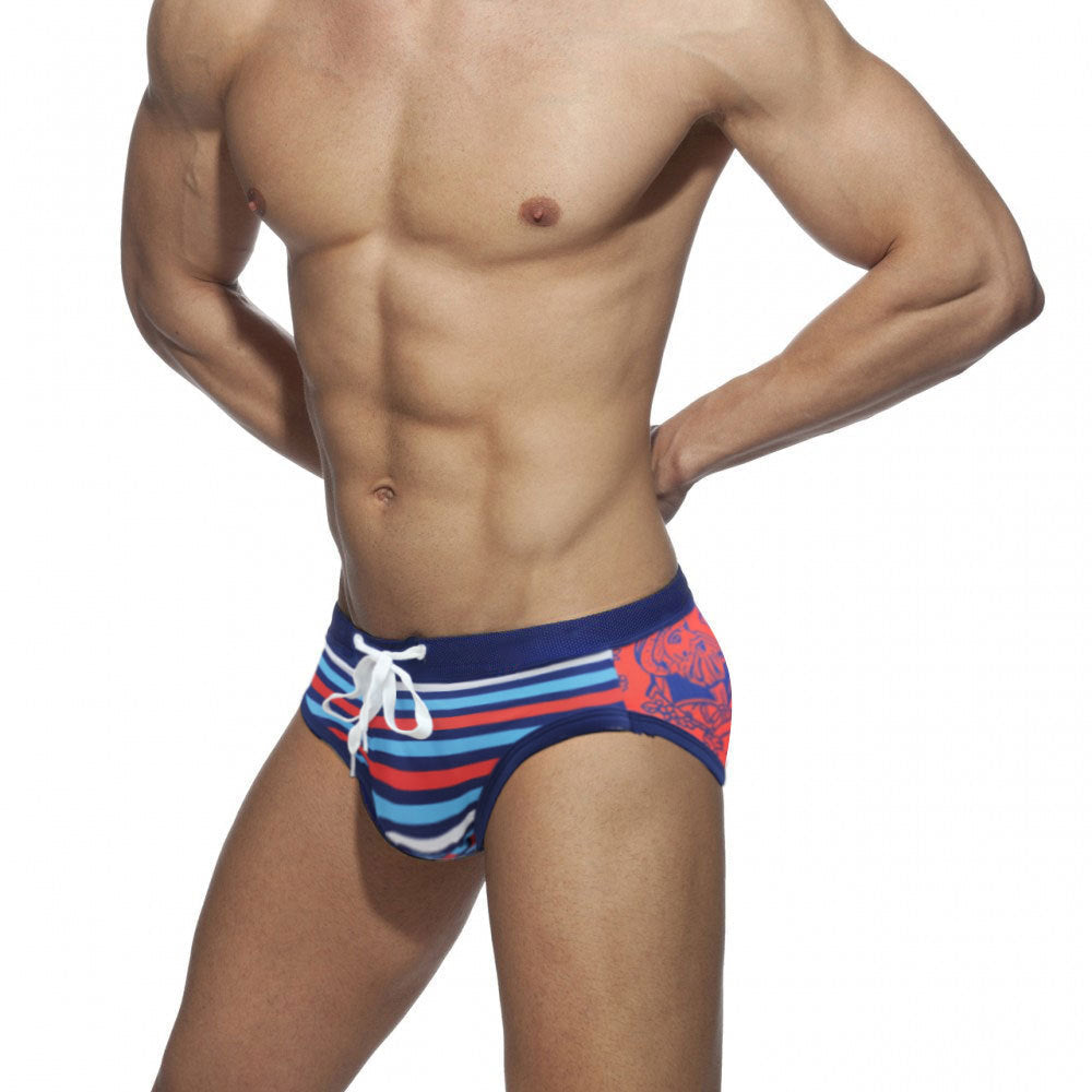Men's Striped Front And Back Cartoon Patchwork Briefs