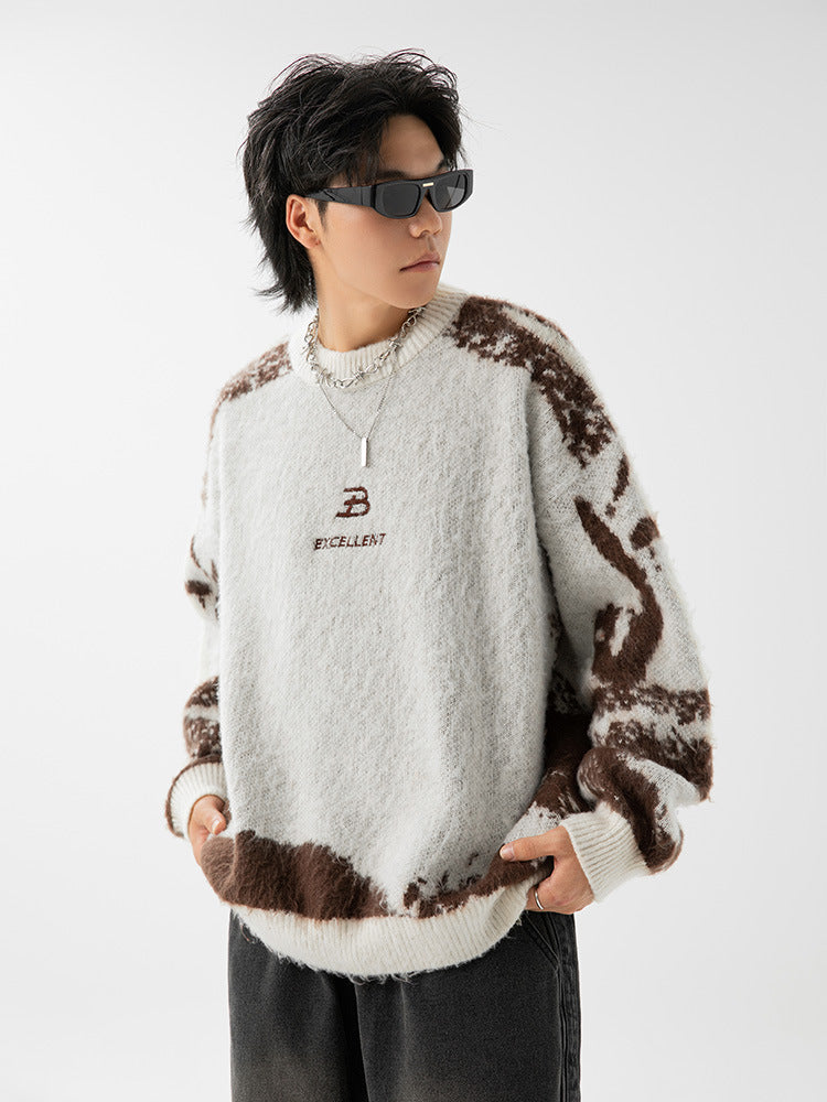 Irregular Contrast Color Brocade Sweater Men's Clothing