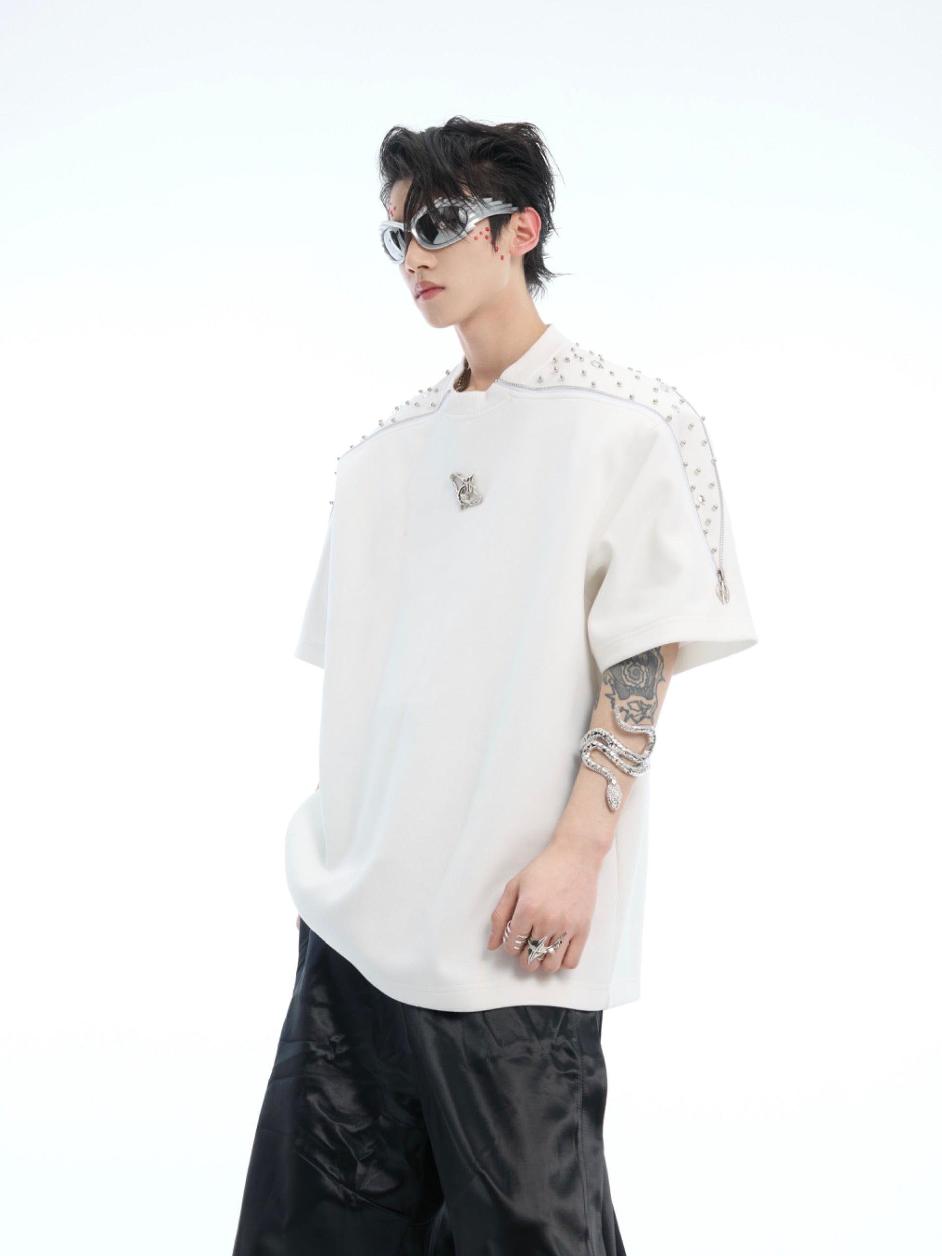 Niche Exquisite Rhinestone Metal Zipper Design Short Sleeve