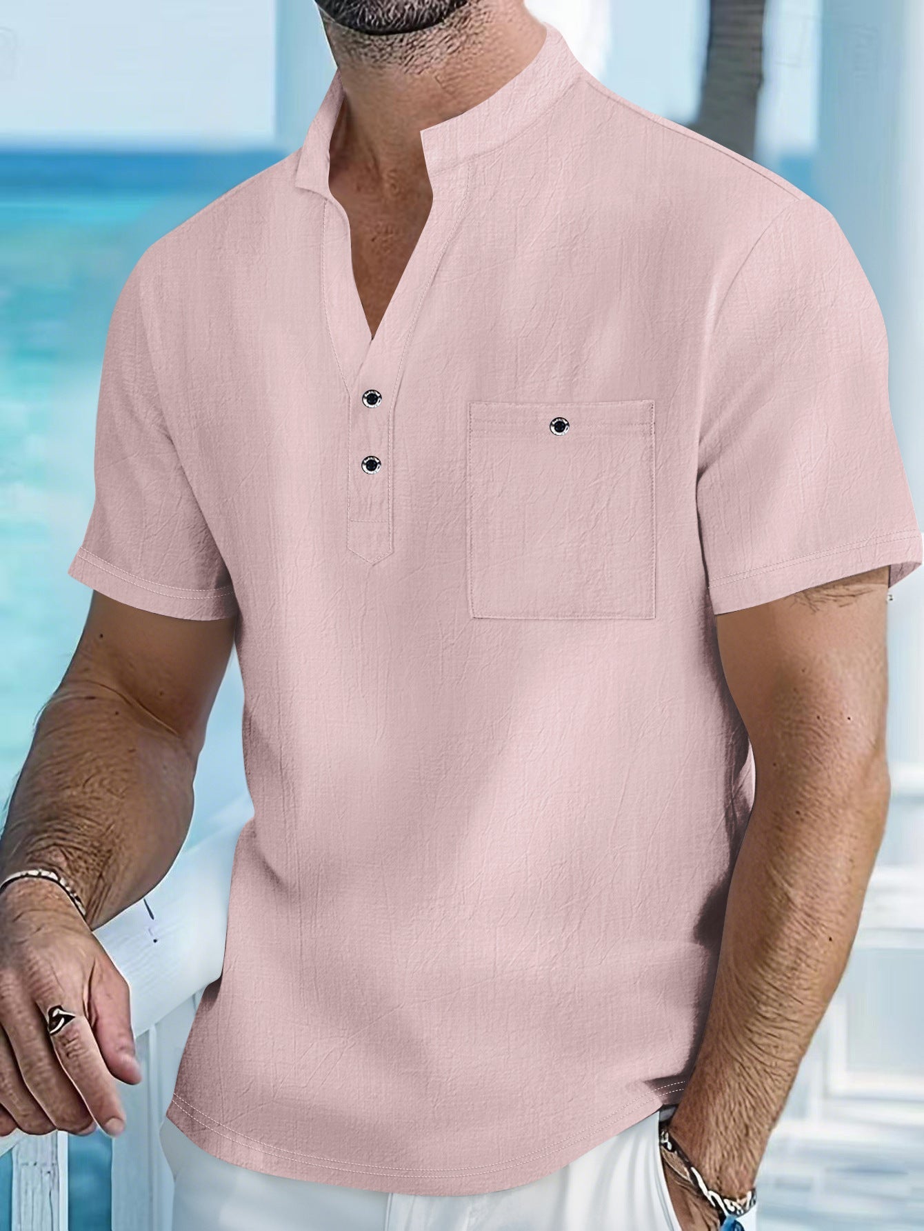 Stand Collar T-shirt Linen Short Sleeve Shirt Men