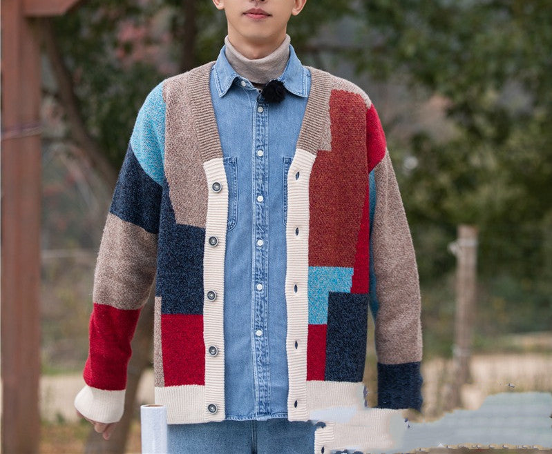 Geometric Square Contrast Color Single-breasted Knitted Cardigan Men