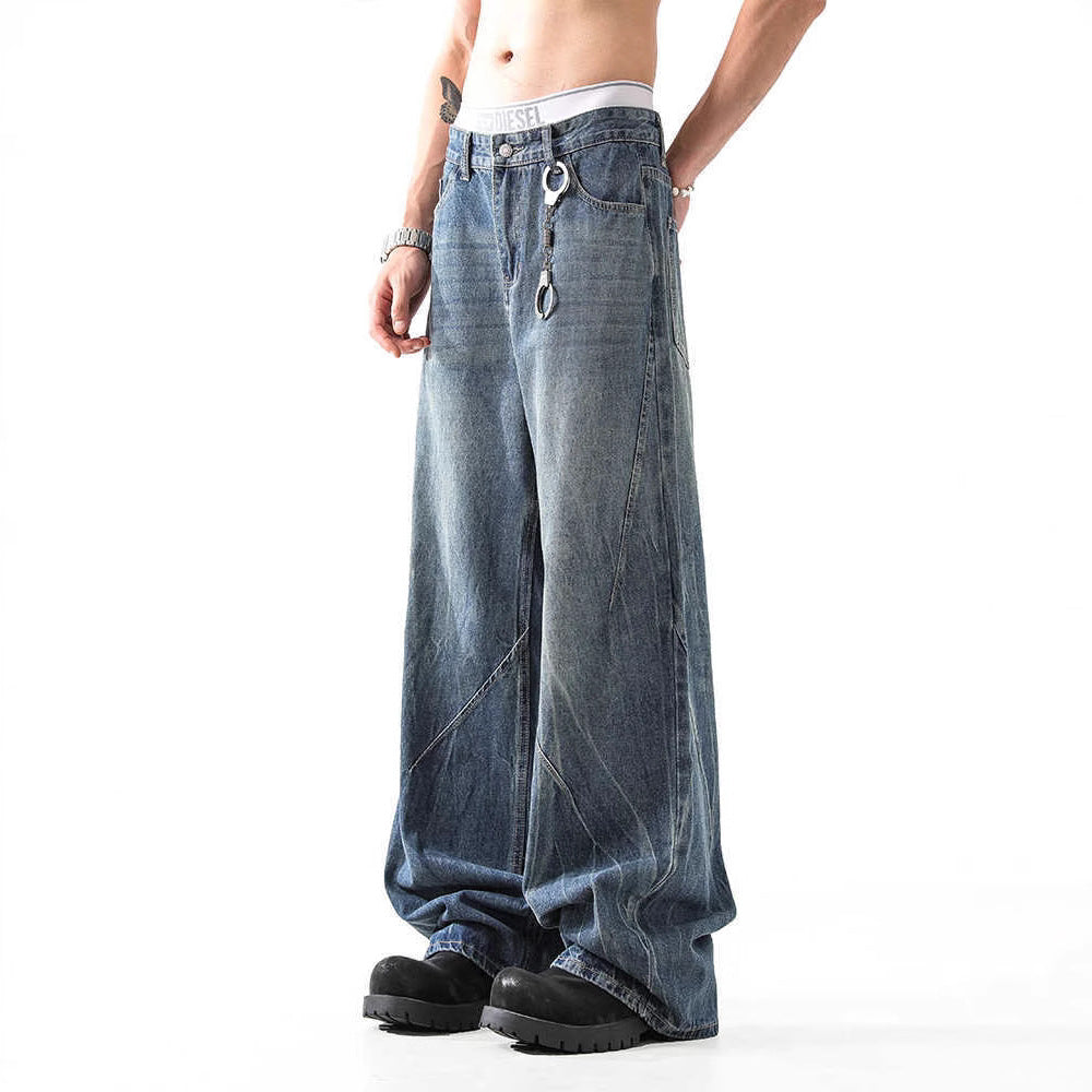 Lightning Pattern Washed Straight Jeans Men