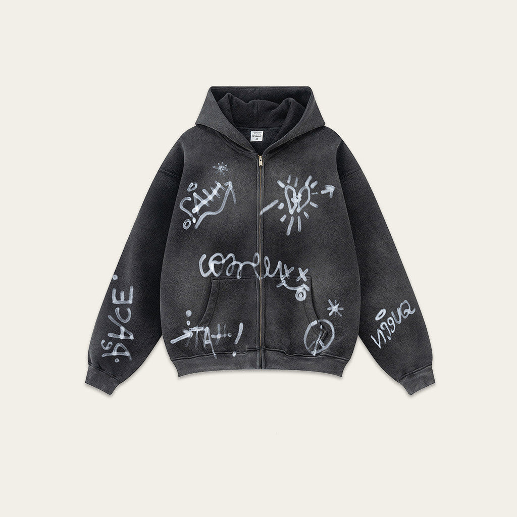 Retro High-grade Graffiti Long-sleeved Knitted Cardigan hooded sweater