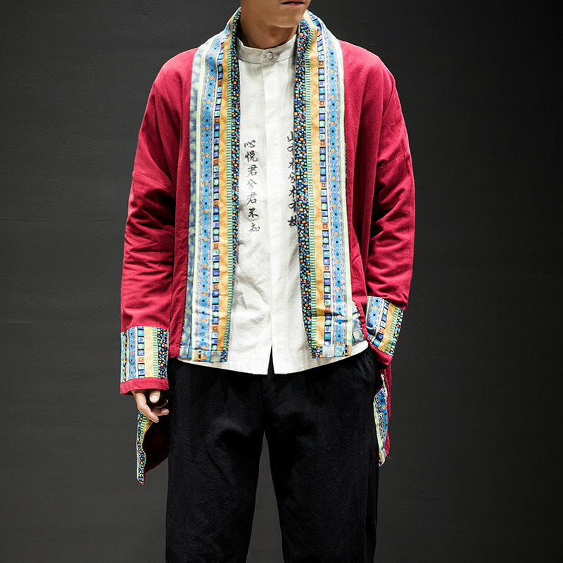 Kimono Cardigan Cotton Linen Trench Coat Color Matching Costume Top Men's Clothing