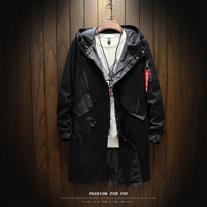 Solid color hooded mid-length trench coat men's jacket