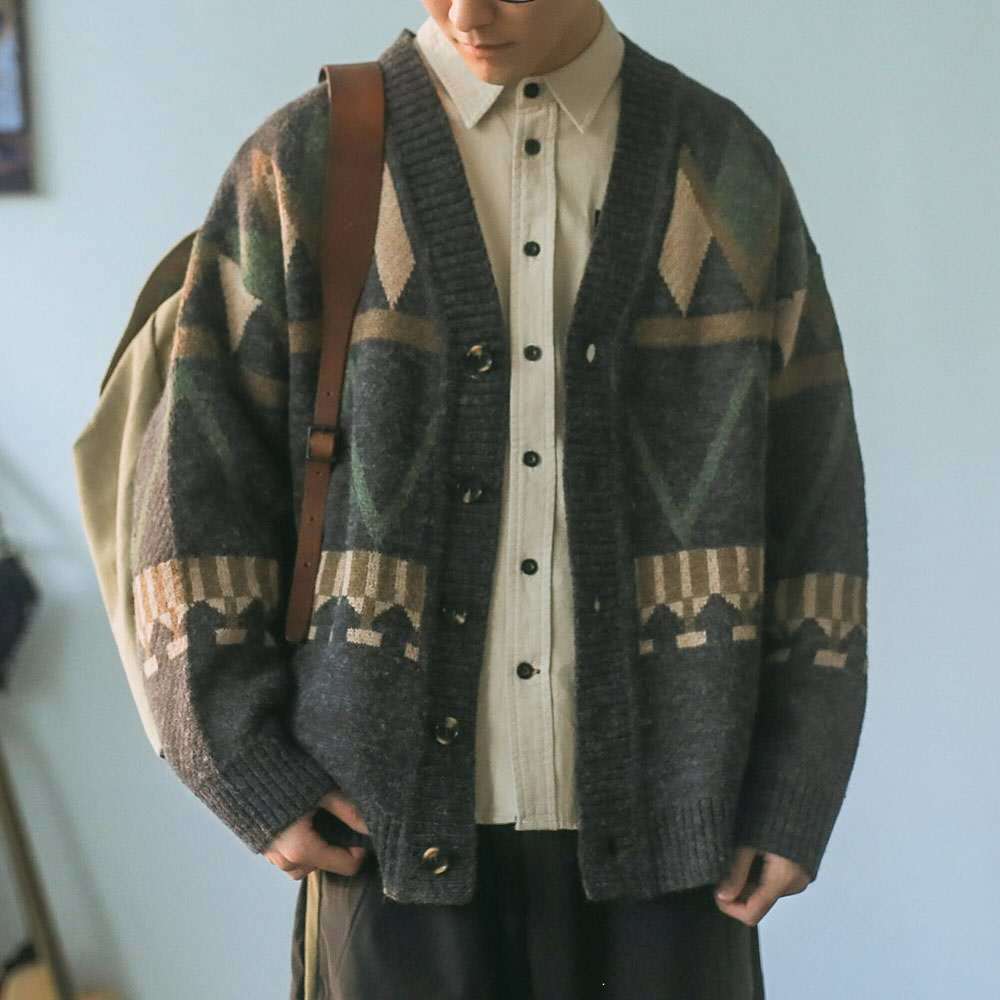 Rhombus Contrast Jacquard Line Casual Loose Sweater
