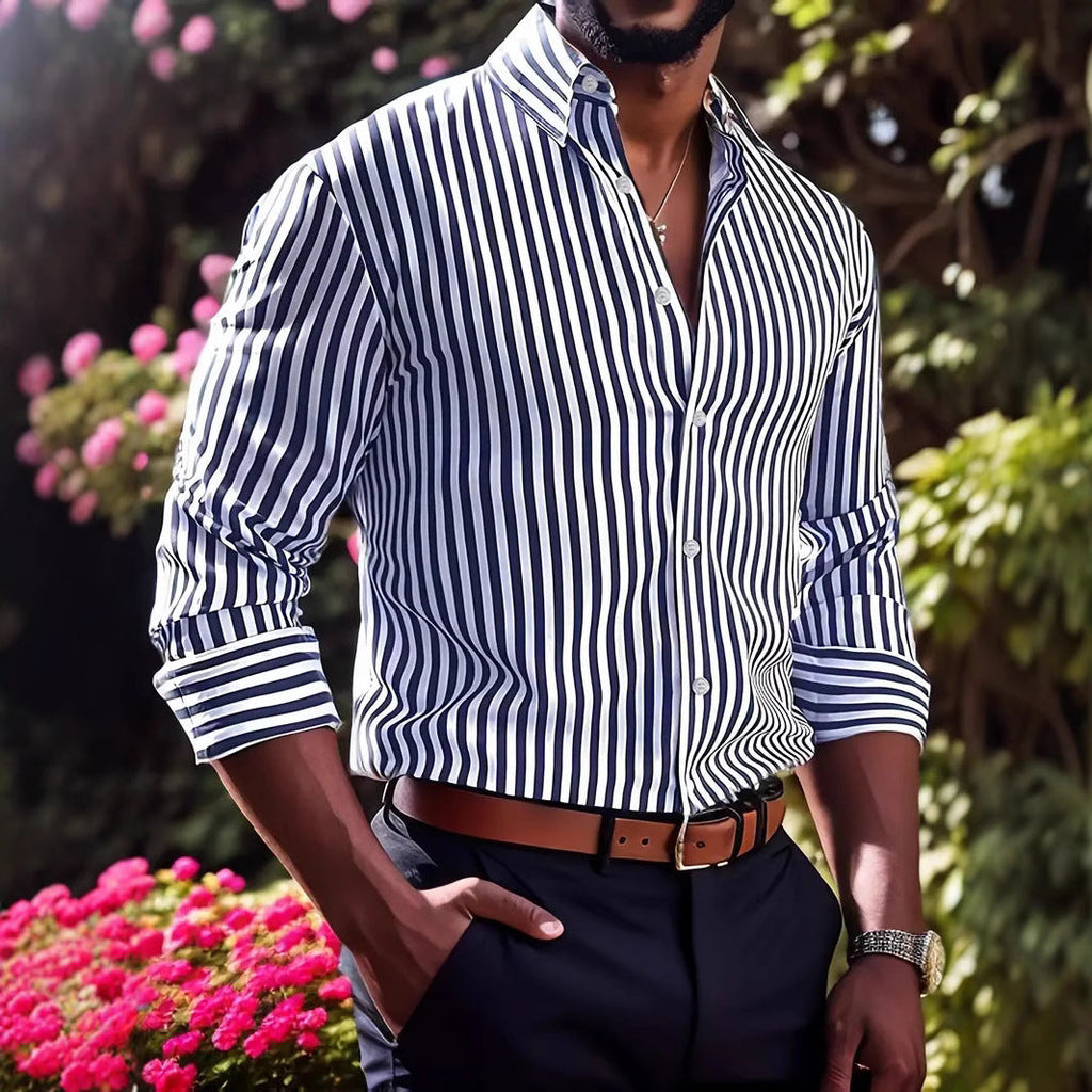 Ins Stripe Printed Long Sleeve Shirt Men