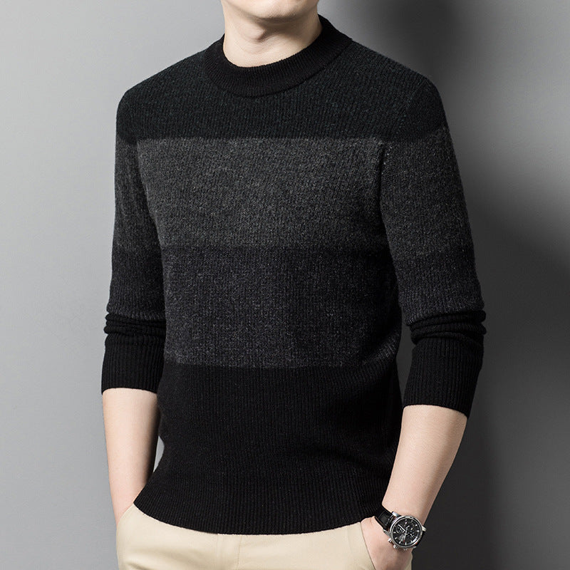 Middle-aged Worsted Round Neck Striped Casual Thick Sweater