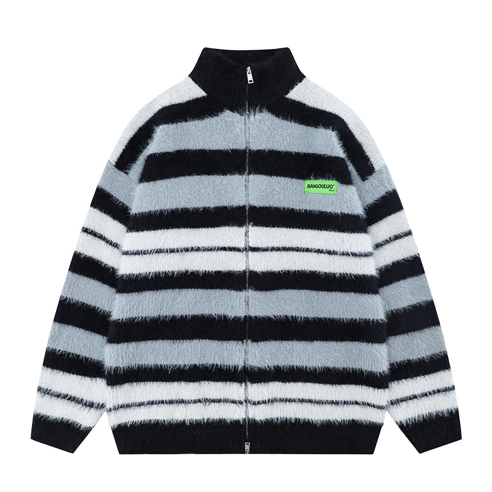 Striped Knitted Sweater Coat Men