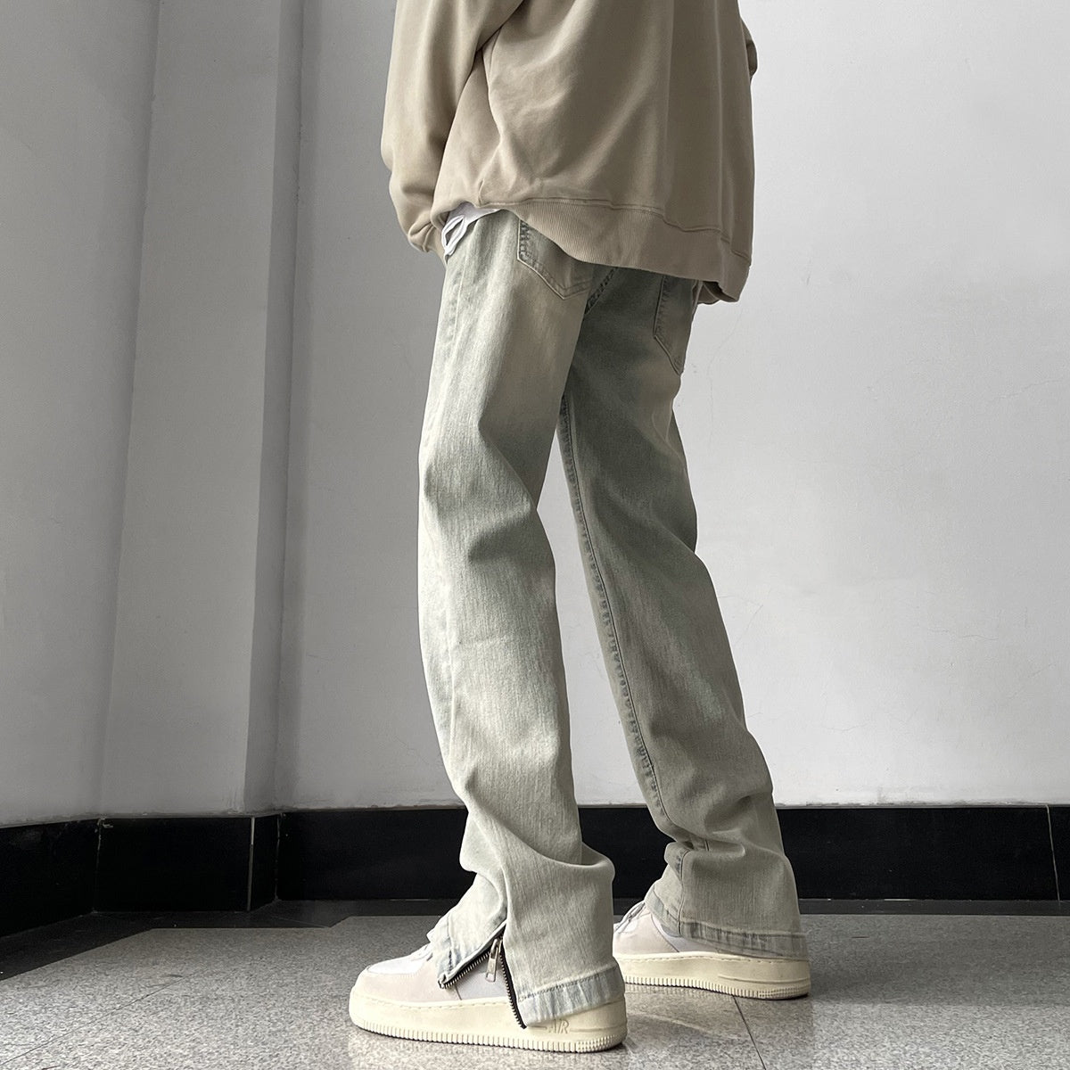 Side Zipper Skinny Jeans For Men Retro Straight-leg Pants