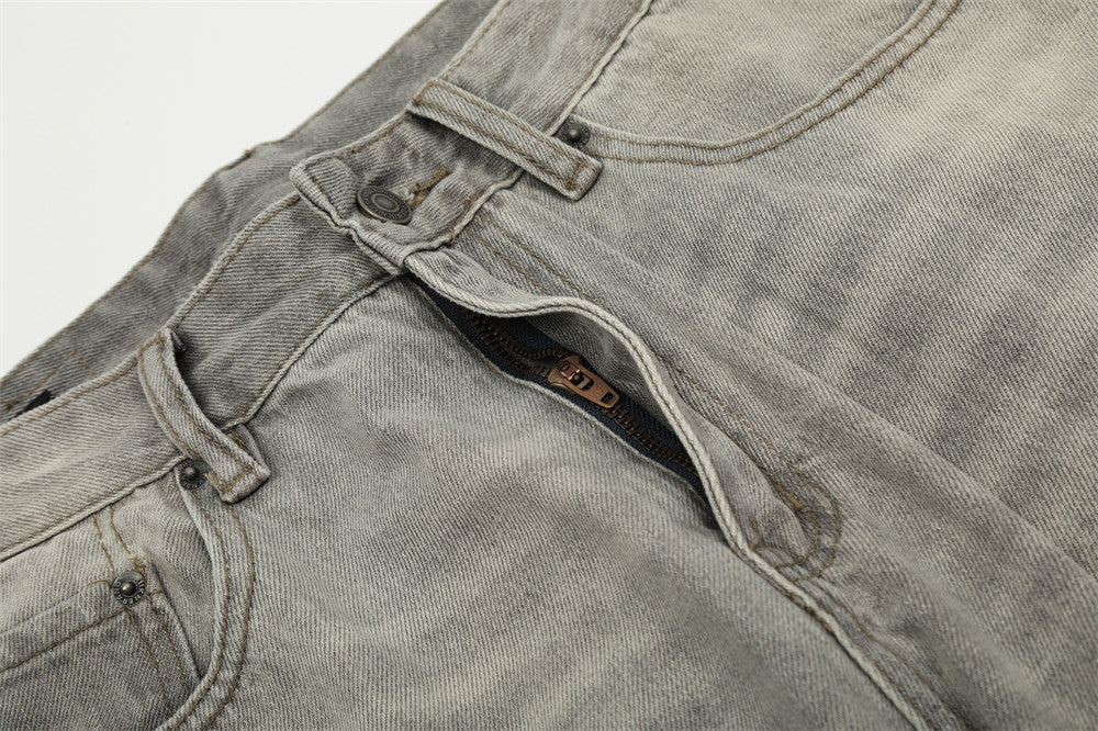 Punk Vintage Wash Denim Straight Wide Leg Pants Men
